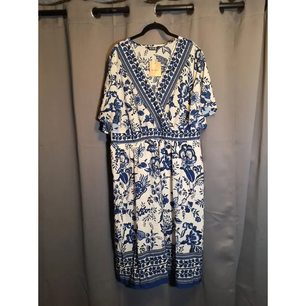 Bloomchic Blue Floral BOHO Midi Dress Pockets Short Sleeve Plus Size 2X 18-20_8